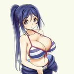  bangs bikini blue_hair bodysuit breasts cleavage collarbone colorized front-tie_top large_breasts long_hair love_live! love_live!_sunshine!! matsuura_kanan open_mouth pas_(paxiti) ponytail purple_eyes revision simple_background solo strap_gap striped striped_bikini swimsuit undressing very_long_hair 