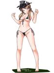  2016 alternate_costume ass_visible_through_thighs bangs barefoot bikini black_bikini blonde_hair blue_eyes blush breasts closed_mouth dated front-tie_bikini front-tie_top full_body groin hair_over_shoulder hat kantai_collection legs_apart long_hair looking_at_viewer low_twintails medium_breasts micro_bikini navel peaked_cap prinz_eugen_(kantai_collection) side-tie_bikini sideboob signature simple_background sketch smile solo standing stomach strap_gap string_bikini swimsuit tatsumi_ray twintails twitter_username underboob white_background 