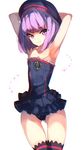  armpits arms_up ass_visible_through_thighs bad_id bad_pixiv_id bare_shoulders black_panties collarbone dress fate/grand_order fate_(series) helena_blavatsky_(fate/grand_order) highres kasuka_(kusuki) looking_at_viewer panties purple_eyes purple_hair simple_background smile solo strapless strapless_dress thigh_gap thighhighs tree_of_life underwear white_background 