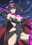  ahoge banboro_(technobot) breasts cameltoe cape cleavage cloud concrete_revolutio covered_navel dark_persona elbow_gloves gloves headgear hoshino_kikko large_breasts lips lipstick makeup purple_hair red_eyes shiny shiny_hair shiny_skin short_hair sky smile solo spoilers thighhighs whip 