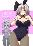  animal_ears bare_shoulders black_legwear blue_eyes bow bowtie breast_envy breasts bunny_ears bunny_girl bunnysuit cleavage detached_collar fishnet_pantyhose fishnets flat_chest hair_ornament hair_over_one_eye hairclip hamakaze_(kantai_collection) kantai_collection leotard long_hair multiple_girls open_mouth pantyhose ryuujou_(kantai_collection) shinshin short_hair silver_hair sweatdrop twintails wrist_cuffs 