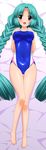  barefoot braid canal_vorfeed competition_swimsuit dakimakura green_hair highres long_hair lost_universe lying one-piece_swimsuit purple_eyes sample solo sugimura_tomokazu swimsuit twin_braids twintails 