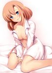  :d bangs bare_shoulders blue_eyes blush breasts brown_hair cleavage collarbone collared_shirt dress_shirt haribote head_tilt large_breasts long_sleeves looking_at_viewer naked_shirt nipple_slip nipples off_shoulder open_clothes open_mouth open_shirt original shirt sitting smile solo wariza white_shirt 
