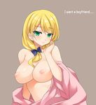  :/ bad_id bad_pixiv_id beige_background blue_bow blush bow breasts closed_mouth collarbone ellen_baker english eyebrows eyebrows_visible_through_hair green_eyes hair_bow hair_over_shoulder hand_on_own_cheek hand_up large_breasts low_ponytail new_horizon nipples off_shoulder puffy_nipples simple_background solo text_focus topless yostxxx 