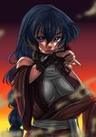  animal_ears bare_shoulders blue_eyes blue_hair braid breasts chain collar fingerless_gloves gloves gradient gradient_background karura_(utawareru_mono) lips long_hair looking_at_viewer medium_breasts nagi_fuumumare parted_lips sand solo tiger_ears utawareru_mono vambraces very_long_hair wide_sleeves 