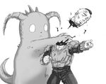  :&lt; armor beard creature deathclaw decapitation facial_hair fallout fallout_4 greyscale guro harahachibu_ajinosuke horns male_focus mohawk monochrome severed_head sole_survivor_(male) violence 