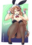  animal_ears black_legwear bow bowtie breasts brown_eyes brown_hair bunny_ears bunnysuit character_name cleavage detached_collar fake_animal_ears fishnet_pantyhose fishnets headdress high_heels kantai_collection large_breasts littorio_(kantai_collection) long_hair one_eye_closed pantyhose shinshin smile solo squatting wavy_hair wrist_cuffs 