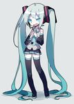  absurdly_long_hair aqua_eyes aqua_hair asp@juken black_legwear boots detached_sleeves full_body hatsune_miku headset long_hair necktie open_mouth skirt solo steepled_fingers thigh_boots thighhighs twintails uneven_eyes very_long_hair vocaloid 