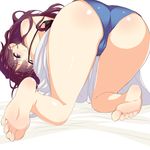  ;) all_fours ass bare_shoulders barefoot bed_sheet blue_eyes blue_shorts blush body_blush closed_mouth denim denim_shorts earrings feet from_behind full_body ichinose_shiki idolmaster idolmaster_cinderella_girls jacket jewelry long_hair looking_at_viewer looking_back one_eye_closed open_clothes open_jacket purple_hair saki_chisuzu shiny shiny_skin short_shorts shorts simple_background smile soles solo strap_slip toes white_background white_jacket 