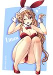  animal_ears bow bowtie breasts brown_eyes brown_hair bunny_ears bunnysuit detached_collar high_heels kantai_collection large_breasts littorio_(kantai_collection) long_hair one_eye_closed shinshin solo squatting wavy_hair wrist_cuffs 