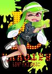  ;d bike_shorts domino_mask fangs green_hair hat highres inkling jacket leather leather_jacket mask one_eye_closed open_mouth purple_eyes saya_(samuraisimai) smile solo splatoon_(series) splatoon_2 splatter splattershot_jr_(splatoon) tentacle_hair visor_cap water_gun weapon writing 