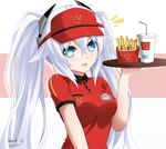  1girl :3 :d artist_name black_heart blue_eyes blush brand_name_imitation brown_hair buttons collared_shirt drinking_straw employee_uniform fast_food_uniform food french_fries hair_between_eyes hair_flaps hat head_tilt headgear keenh long_hair looking_at_viewer mcdonald's name_tag neptune_(series) open_mouth red_hat red_shirt shirt short_sleeves simple_background smile smiley_face solo symbol-shaped_pupils tareme tray twintails uniform upper_body very_long_hair visor_cap watermark web_address white_background white_hair 