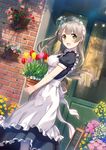  brown_eyes brown_hair dutch_angle flower light_brown_hair long_hair looking_at_viewer love_live! love_live!_school_idol_project maid mignon minami_kotori one_side_up open_mouth outdoors plant potted_plant sign smile solo sparkle standing tulip 