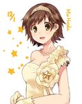 asymmetrical_clothes bare_arms bare_shoulders blush breasts brown_eyes brown_hair character_name cleavage collarbone dress earrings eyebrows eyebrows_visible_through_hair gloves honda_mio idolmaster idolmaster_cinderella_girls jewelry looking_at_viewer medium_breasts own_hands_together paopao round_teeth short_hair simple_background single_strap solo star tareme teeth tiara upper_body white_background yellow_dress yellow_gloves 