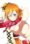  blue_eyes blurry blush depth_of_field earrings foreshortening grin highres jewelry kousaka_honoka looking_at_viewer love_live! love_live!_school_idol_project one_eye_closed one_side_up orange_hair pointing pointing_at_viewer shiimai short_hair simple_background smile solo sunny_day_song white_background 