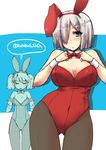  animal_ears bare_shoulders black_legwear blue_eyes bow bowtie breast_envy breasts bunny_ears bunny_girl bunnysuit cleavage detached_collar fishnet_pantyhose fishnets flat_chest hair_ornament hair_over_one_eye hairclip hamakaze_(kantai_collection) kantai_collection leotard long_hair multiple_girls open_mouth pantyhose red_leotard ryuujou_(kantai_collection) shinshin short_hair silver_hair sweatdrop twintails wrist_cuffs 