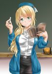  adapted_costume alternate_costume atago_(kantai_collection) bad_id bad_pixiv_id bangs belt beret bespectacled blonde_hair blue_hat blue_jacket blush book breasts chalk chalkboard checkered classroom_eraser closed_mouth collared_shirt cosplay cowboy_shot dress_shirt ellen_baker ellen_baker_(cosplay) eyebrows eyebrows_visible_through_hair eyelashes fingernails glasses green_eyes hair_ornament hair_over_shoulder hair_scrunchie hat head_tilt holding holding_book jacket kantai_collection kasugano_tobari large_breasts long_fingernails long_hair long_sleeves low_ponytail nail_polish neck_ribbon new_horizon pantyhose pink_nails ribbon scrunchie shirt smile solo swept_bangs teacher white_shirt 