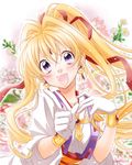  :d artist_name blonde_hair blurry blurry_background bracelet crescent crescent_earrings cross drill_hair earrings floral_background forehead_jewel gem gloves hair_ribbon high_ponytail index_finger_raised jewelry kaitou_jeanne kamikaze_kaitou_jeanne kusakabe_maron long_hair looking_at_viewer minato1026 official_style open_mouth pointing pointing_at_viewer ponytail purple_eyes red_ribbon ribbon sidelocks smile solo upper_body white_gloves 