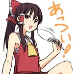  :o annoyed ascot bare_arms bow brown_hair d: fan fanning_self hair_bow hair_tubes hakurei_reimu hot large_bow leon_(mikiri_hassha) long_hair looking_at_viewer md5_mismatch open_mouth paper_fan ponytail red_eyes sarashi sitting skirt skirt_set sleeveless solo sweat touhou uchiwa v-shaped_eyebrows vest 