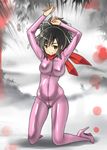 asuka_(senran_kagura) black_hair blush bodysuit breasts brown_eyes commentary_request covered_navel hair_ribbon high_heels highres large_breasts looking_at_viewer mochi_mame pink_bodysuit ponytail ribbon scarf senran_kagura senran_kagura_shoujo-tachi_no_shin'ei skin_tight smile solo 