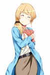  ^_^ belt blonde_hair blue_jacket closed_eyes cowboy_shot ellen_baker eyebrows eyebrows_visible_through_hair facing_viewer green_eyes hews_hack jacket long_hair long_skirt low_ponytail new_horizon scrunchie shirt simple_background skirt smile solo white_background white_shirt 