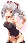  blush breasts camisole dressing drill_hair hair_brush idolmaster idolmaster_cinderella_girls jpeg_artifacts kanzaki_ranko medium_breasts panties red_eyes silver_hair solo twin_drills underwear uraichishi 