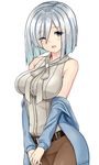  alternate_costume bare_shoulders belt blue_eyes breasts cosplay ellen_baker ellen_baker_(cosplay) eyes_visible_through_hair hair_ornament hair_over_one_eye hairclip hamakaze_(kantai_collection) jacket kantai_collection large_breasts long_sleeves looking_at_viewer new_horizon one_eye_closed open_clothes open_jacket open_mouth shirt short_hair silver_hair simple_background sin_(kami148) skirt sleeveless solo v_arms white_background 