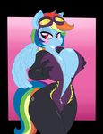  2016 anthro anthrofied blush breasts camel_toe cleavage clothed clothing equine eyewear female friendship_is_magic goggles hair king-cheetah krazykari mammal multicolored_hair my_little_pony pegasus purple_eyes rainbow_dash_(mlp) rainbow_hair shadowbolts_(mlp) skinsuit solo tight_clothing wings 