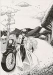  1girl androgynous animals artist_request birds black_hair clouds flower grass hermes kino kino_no_tabi long_coat monochrome motorcycle road road_signs short_hair sky sleeping_bag solo sun tagme trees vehicle 