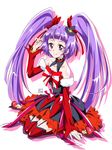  black_hat bow cure_magical detached_sleeves earrings frilled_skirt frills full_body hair_bow hat highres izayoi_liko jewelry long_hair looking_at_viewer magical_girl mahou_girls_precure! mini_hat mini_witch_hat nii_manabu precure purple_eyes purple_hair red_bow red_footwear red_legwear red_skirt red_sleeves ruby_style shoes sitting skirt smile solo star star_earrings striped striped_bow thighhighs twintails wariza white_background witch_hat 