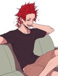 boku_no_hero_academia brown_eyes couch highres kirishima_eijirou male_focus one_eye_closed open_mouth raurii red_hair simple_background sitting solo spiked_hair teeth white_background yawning 