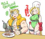  1girl ^_^ abs beef blonde_hair braid breasts cammy_white charlie_nash chef_hat closed_eyes cutlery doboshiru eating feeding fingerless_gloves fork glasses gloves green_leotard hat knife ladle large_breasts leotard long_hair muscle plate plump smile street_fighter street_fighter_v table translation_request twin_braids watch wristwatch 