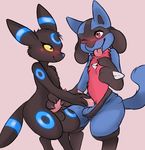  2016 alternate_color anthro balls black_fur black_nose blue_fur blue_nose blush canine clothing cute_fangs digital_media_(artwork) duo eeveelution erection fur girly glowing handjob ladynoface96 legwear lucario male male/male mammal mutual_masturbation nintendo nude one_eye_closed penis pok&eacute;mon red_eyes red_fur sex shiny_pok&eacute;mon simple_background smile spikes tongue tongue_out umbreon video_games wink yellow_sclera 