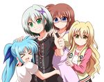  &gt;_&lt; azumaya_hironaru blonde_hair blue_hair brown_hair closed_eyes dearche_kings_claudia dress glasses green_eyes hair_ornament hand_on_another's_head hug levi_russel long_hair looking_at_viewer lyrical_nanoha mahou_shoujo_lyrical_nanoha_innocent material-d material-l material-s multiple_girls purple_eyes short_hair silver_hair smile stern_starks sweater twintails u-d vest x_hair_ornament yellow_eyes yuri_eberwein 