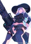  belt blue_eyes breasts covered_nipples cowboy_hat grin gun handgun hat holding holding_gun holding_weapon holster large_breasts long_hair looking_at_viewer looking_down midriff million_chain nagisa_kurousagi official_art revolver simple_background smile solo thighhighs weapon white_background white_hair 