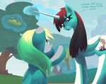 2014 better_version_at_source blonde_hair blue_eyes cloud cutie_mark derpy_hooves_(mlp) duo english_text equine eye_contact feathered_wings feathers female feral flower friendship_is_magic fur grass grey_feathers grey_fur hair horn lauren_faust magic mammal moonlitbrush_(artist) my_little_pony nature outside pegasus plant red_hair sky text tree white_fur winged_unicorn wings 