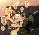  2016 anthro black_nose blue_eyes brown_fur canine clothing duo eyes_closed fellatio fox fox_mccloud fur grey_fur japanese_text male male/male mammal nintendo open_mouth oral scarf sex sofa star_fox tears text video_games white_fur wolf wolf_o&#039;donnell ひかこ 
