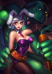 1boy 1girl alternate_costume battle_bunny_riven breasts bunny_ears bunnysuit carrot cleavage green_skin jenny_kung league_of_legends looking_at_viewer monster_boy riven_(league_of_legends) silver_hair zac 