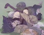  animal_ears barefoot black_cat blue_hair cat cat_ears cat_tail hans_humpty highres lying male_focus on_side open_mouth otaki55 rokka_no_yuusha sleeping solo tail torn_clothes white_cat 