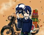  1girl androgynous artist_request black_eyes black_hair brimmed_hat confetti flower fur gifts goggles happy_birthday hat hermes kino kino_no_tabi motorcycle short_hair solo tagme vehicle 