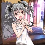  :d bare_shoulders blush drill_hair grey_umbrella highres idolmaster idolmaster_cinderella_girls kanzaki_ranko looking_at_viewer open_mouth red_eyes silver_hair smile solo suzuki24 twin_drills twintails umbrella 