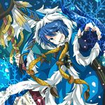  blue_eyes blue_hair fingerless_gloves fur_trim gloves hood hooded_jacket jacket last_period male_focus nero_(last_period) open_mouth rito_vcld9 snowflakes solo staff 