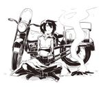  1girl androgynous artist_request campfire hat hermes kino kino_no_tabi long_coat monochrome motorcycle short_hair smile smoke solo vehicle 