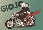  1girl braid coat double_bun from_side giorno_giovanna green_background ground_vehicle halftone halftone_background jojo_no_kimyou_na_bouken kuujou_jolyne midriff motor_vehicle motorcycle multicolored_hair multiple_riders riding single_braid two-tone_hair yomogi_(acrylicpaints) 