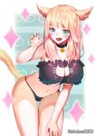  animal_ears bad_id bad_pixiv_id bell blonde_hair blue_eyes blush breasts cat_ears cat_lingerie cat_tail choker cleavage cleavage_cutout facial_mark fangs final_fantasy final_fantasy_xiv green_eyes heterochromia highres j_na jingle_bell large_breasts leaning_forward long_hair looking_at_viewer meme_attire miqo'te navel open_mouth simple_background smile solo tail twitter_username 