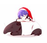  animal baku_(creature) blue_hair blush closed_eyes crossed_arms doremy_sweet hat highres hooves nightcap on_animal pom_pom_(clothes) red_hat rie-co short_sleeves simple_background sleeping solo tapir touhou white_background 