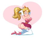  1girl arms_up ass blue_eyes blush brokenlynx cleavage crown elbow_gloves high_heels huge_ass lips looking_at_viewer ponytail princess_peach super_mario_bros. 