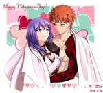  1girl abs artist_name breasts cape cleavage dated emiya_shirou fate/grand_order fate/stay_night fate_(series) happy_valentine heart heart_background igote imaginary_around limited/zero_over looking_at_another matou_sakura medium_breasts orange_hair purple_eyes purple_hair rna_(angel-smelter) shirtless short_hair smile tattoo valentine yellow_eyes 
