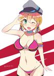  \m/ absurdres bikini blonde_hair green_eyes hat highres kantai_collection low_twintails moriya one_eye_closed peaked_cap prinz_eugen_(kantai_collection) solo standing swimsuit thighhighs twintails 