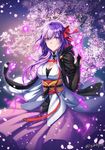  asymmetrical_clothes bow breasts cherry_blossoms cleavage cowboy_shot dress fate/grand_order fate/stay_night fate_(series) hair_bow imaginary_around large_breasts looking_at_viewer matou_sakura object_namesake parnasso petals purple_dress purple_eyes purple_hair red_bow short_hair smile solo twitter_username 